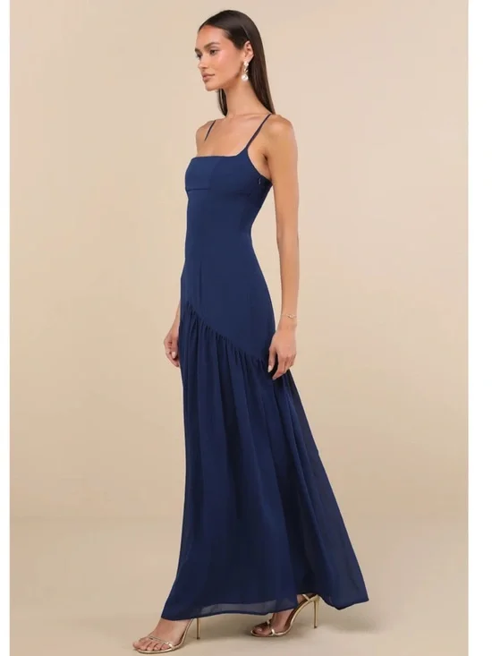 Lulus Auria Navy Blue Chiffon Drop Waist Square Neckline Maxi Dress NWT Small - Picture 3 of 15